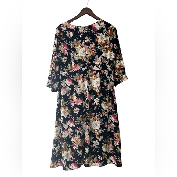 Tea n Rose Black Floral V-Neck Midi Dress Romantic Cottagecore Boho L - Picture 2 of 6